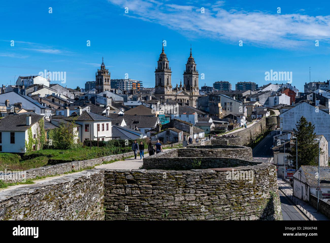 View from the Roman wall of Lugo and its Cathedral, UNESCO World Heritage Site, Lugo, Galicia, Spain, Europe Stock Photo