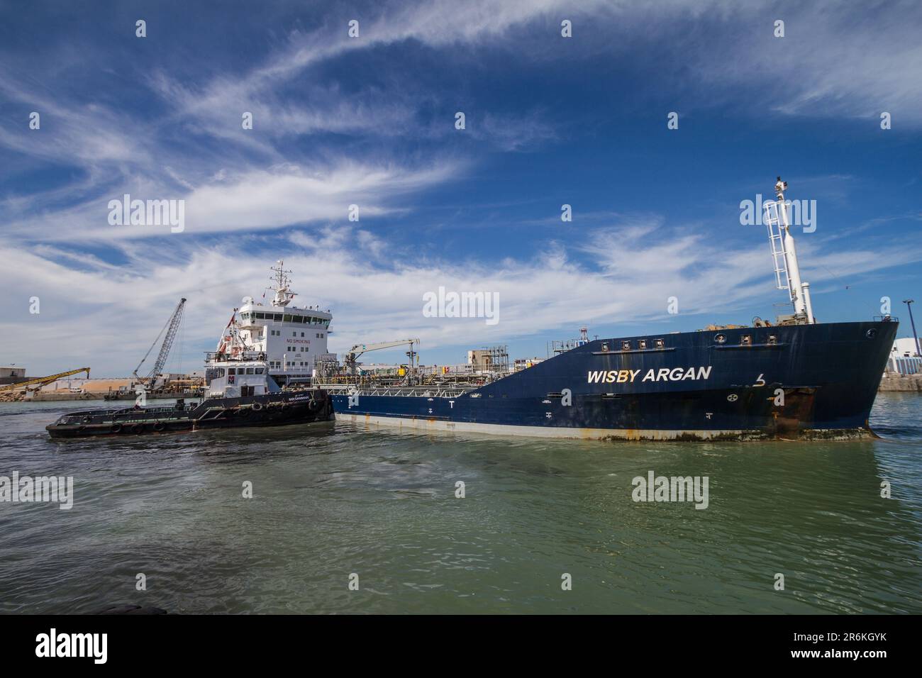 Navigational Support: Tugboat Activity at Laayoune Port, Southern Morocco Stock Photo