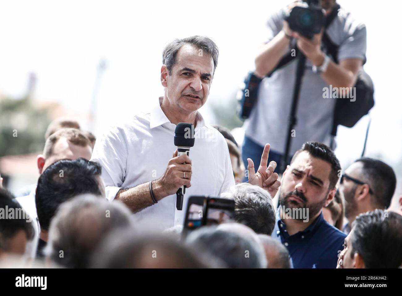 Thessaloniki, Greece. 10th June, 2023. Greek Prime Minister and New Democracy leader Kyriakos Mitsotakis holds a speech during a pre-election campaign at a suburb of Thessaloniki. Greece holds general elections for a second time on June 25. (Credit Image: © Giannis Papanikos/ZUMA Press Wire) EDITORIAL USAGE ONLY! Not for Commercial USAGE! Credit: ZUMA Press, Inc./Alamy Live News Stock Photo