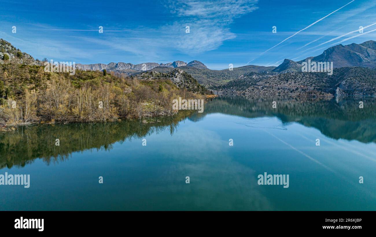 Aerial of the mountains and Embalse de Luna lake, Asturias, Spain, Europe Stock Photo