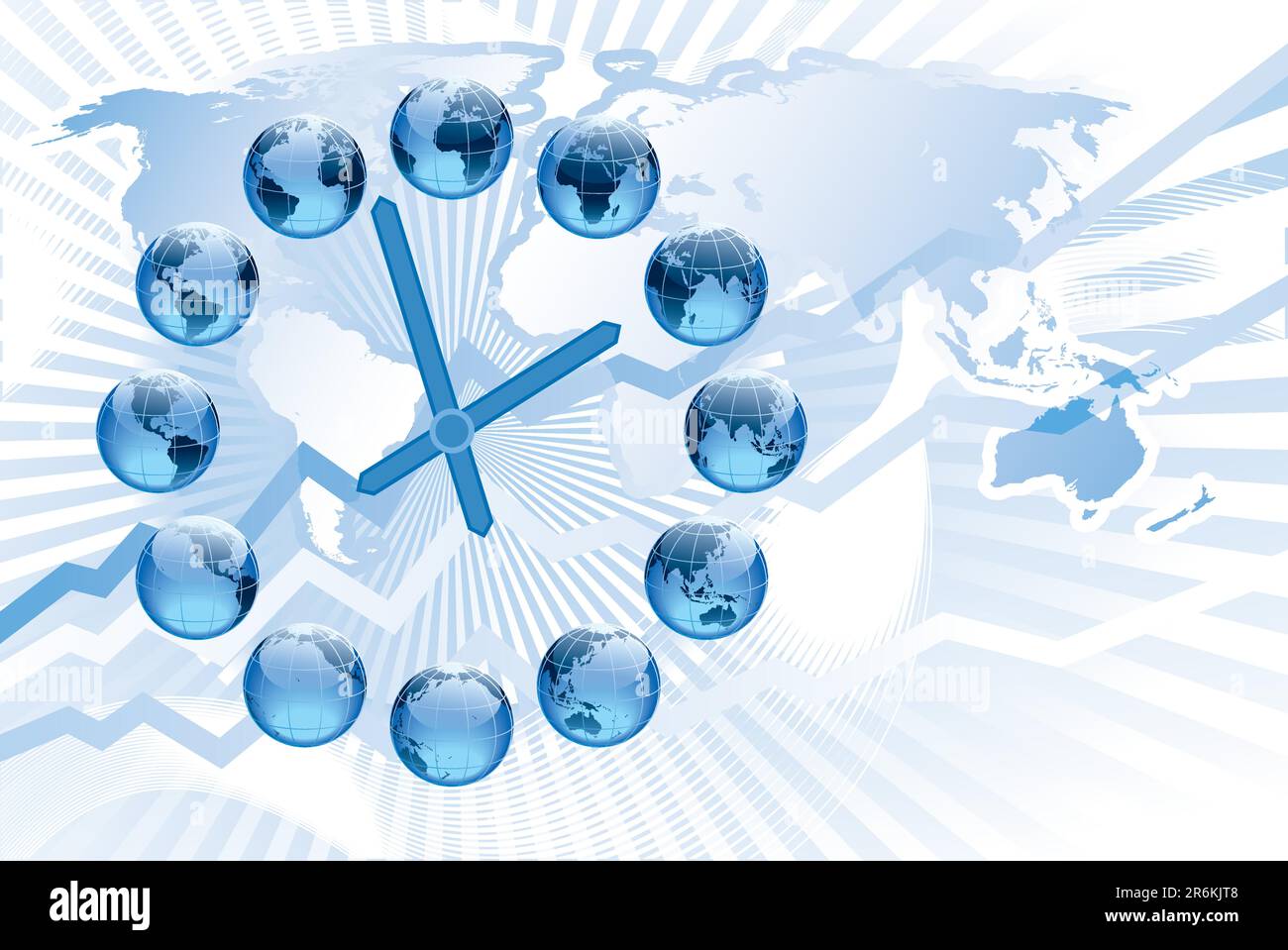 World clock with 12 globes showing earth in various positions Stock