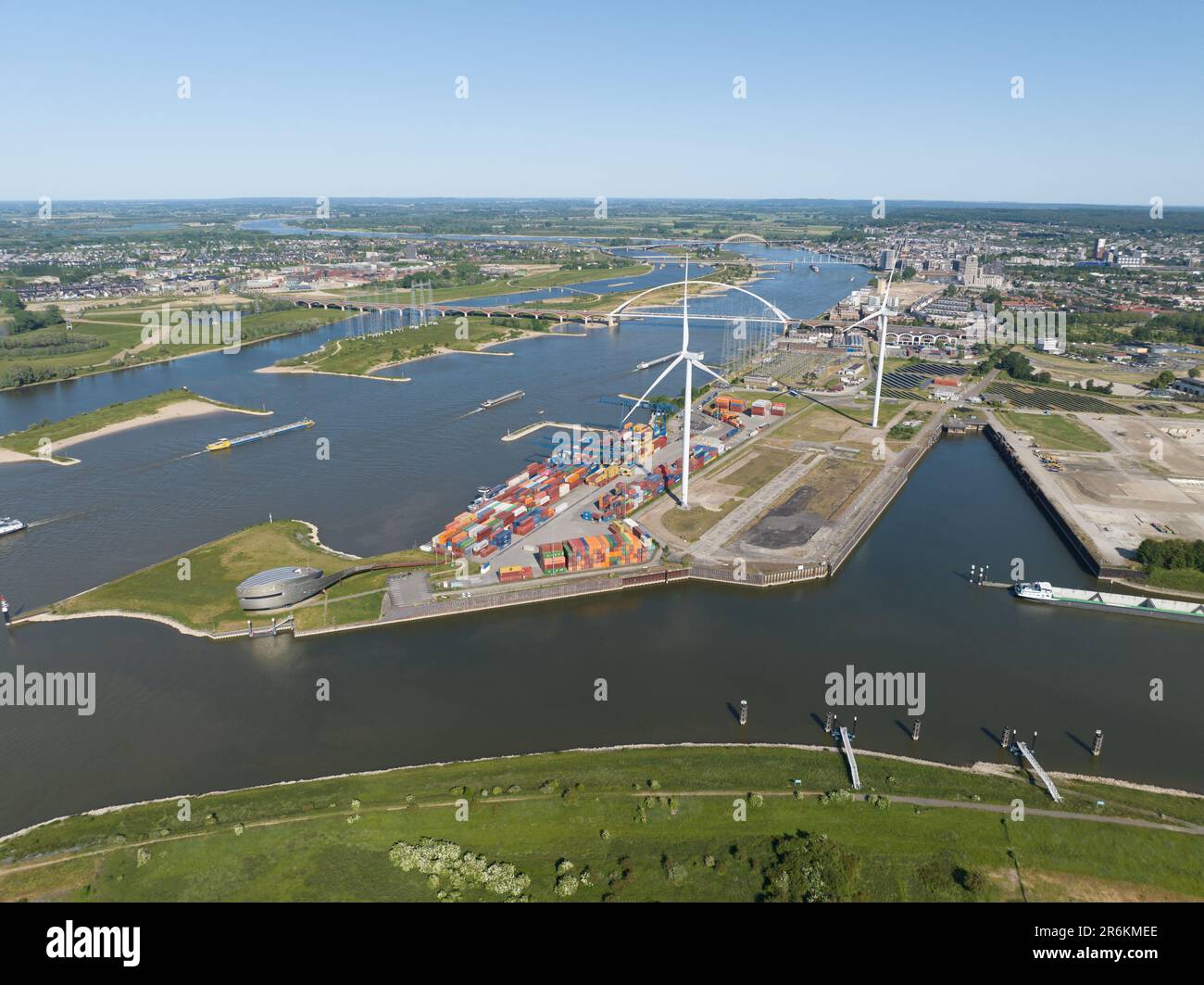 Nijmegen, 3th of June 2023, The Netherlands. Container terminal at Nijmegen, city in The Netherlands. Stock Photo