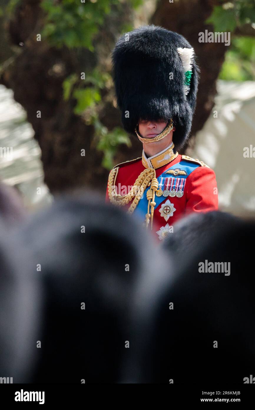 The Mall, London, UK. 10th June 2023. 'The Colonel's Review'. Trooping the Colour Reviewed by The Colonel of the Regiment, Colonel of the Welsh Guards, Prince William Prince of Wales,  The Colonel's Review is the second rehearsal for the Trooping the Colour parade which will take place on the 17th June 2023. Photo by Amanda Rose/Alamy Live News Stock Photo