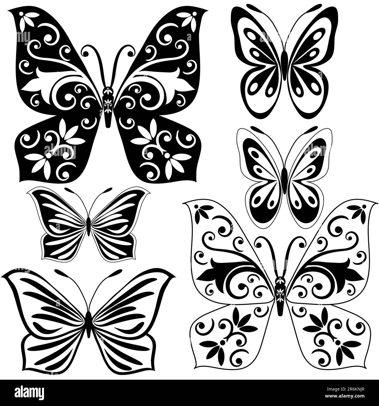 Set black and white vintage butterflies for design isolated on white (vector) Stock Vector