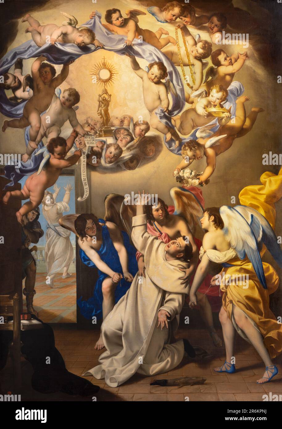 NAPLES, ITALY - APRIL 23, 2023: The painting of Eucharistic vision of St. Thomas Aquinas  in the church Basilica di Santa Maria della Sanita Stock Photo
