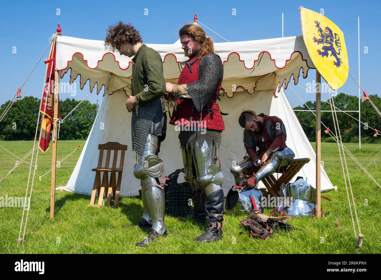 London, UK. 10 June 2023. Reenactors don their armour during the