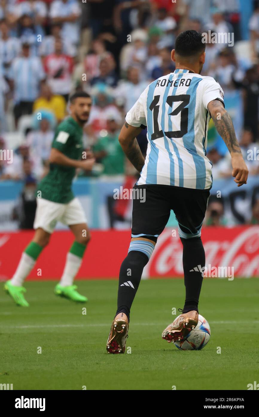 Lusail, Qatar, 22, November, 2022. Cristian Romero with the ball during the match between Argentina National Team vs. Saudi Arabia National Team, Matc Stock Photo