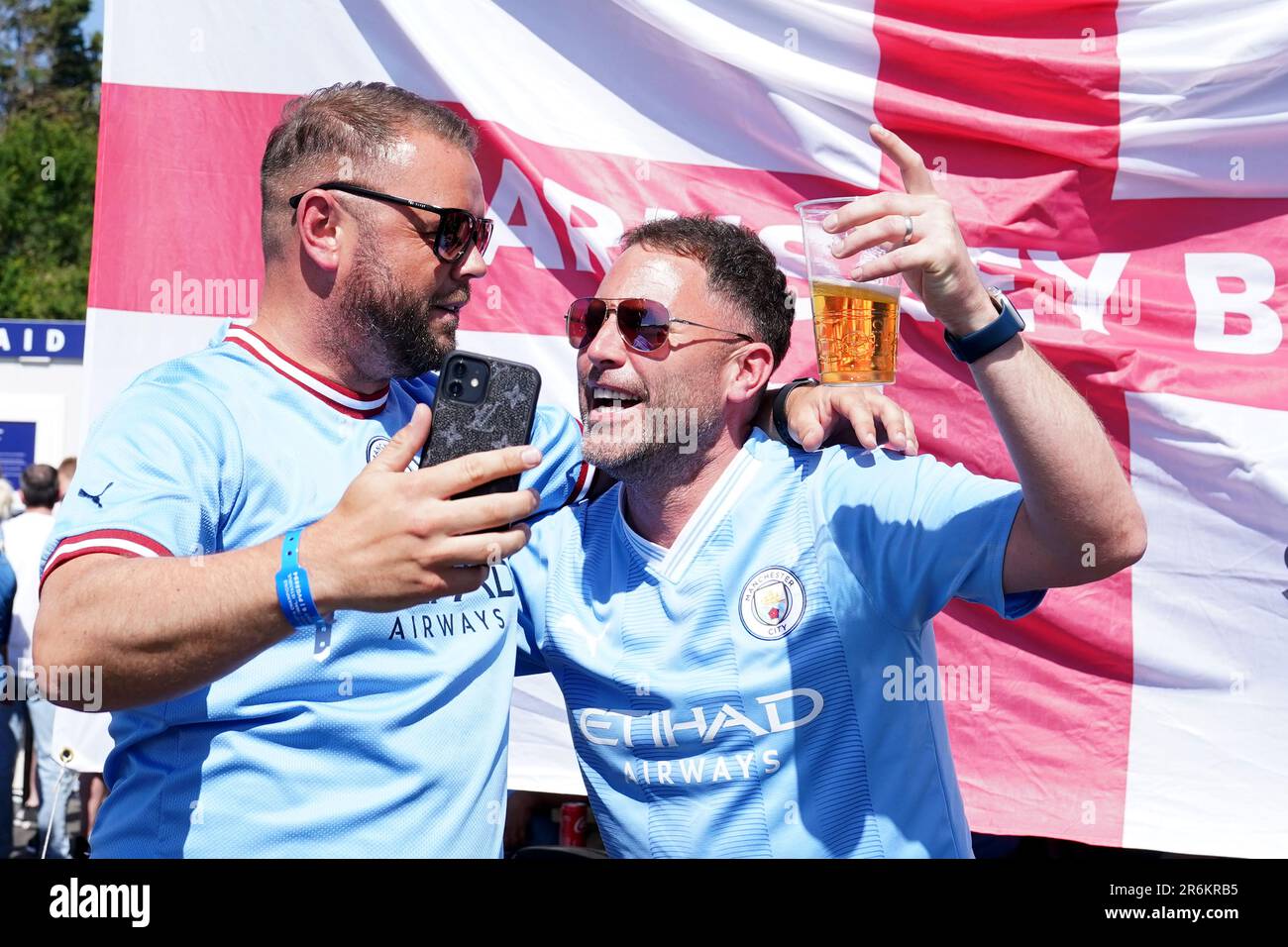 Manchester City fans at the fanzone outside the stadium before the UEFA Champions League final
