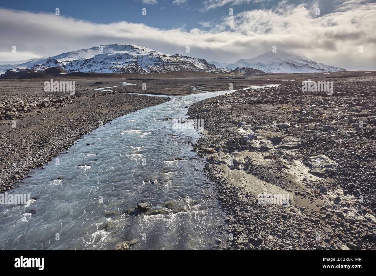 Snow-clad mountains and the Geita River in early winter, at the foot of the Langjokull ice-cap, in the western Highlands, west Iceland, Polar Regions Stock Photo