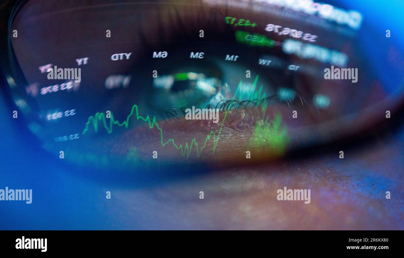 Warsaw, Poland. 10th June, 2023. Dow Jones index graphs are seen reflected in a man's glasses in this illustration photo in Warsaw, Poland on 10 June, 2023. Global growth has slowed sharply and the risk of financial stress in emerging market and developing economies (EMDEs) is intensifying amid elevated global interest rates, according to the World Bank's latest Global Economic Prospects report. Global growth is projected to decelerate from 3.1% in 2022 to 2.1% in 2023. (Photo by Jaap Arriens/Sipa USA) Credit: Sipa USA/Alamy Live News Stock Photo