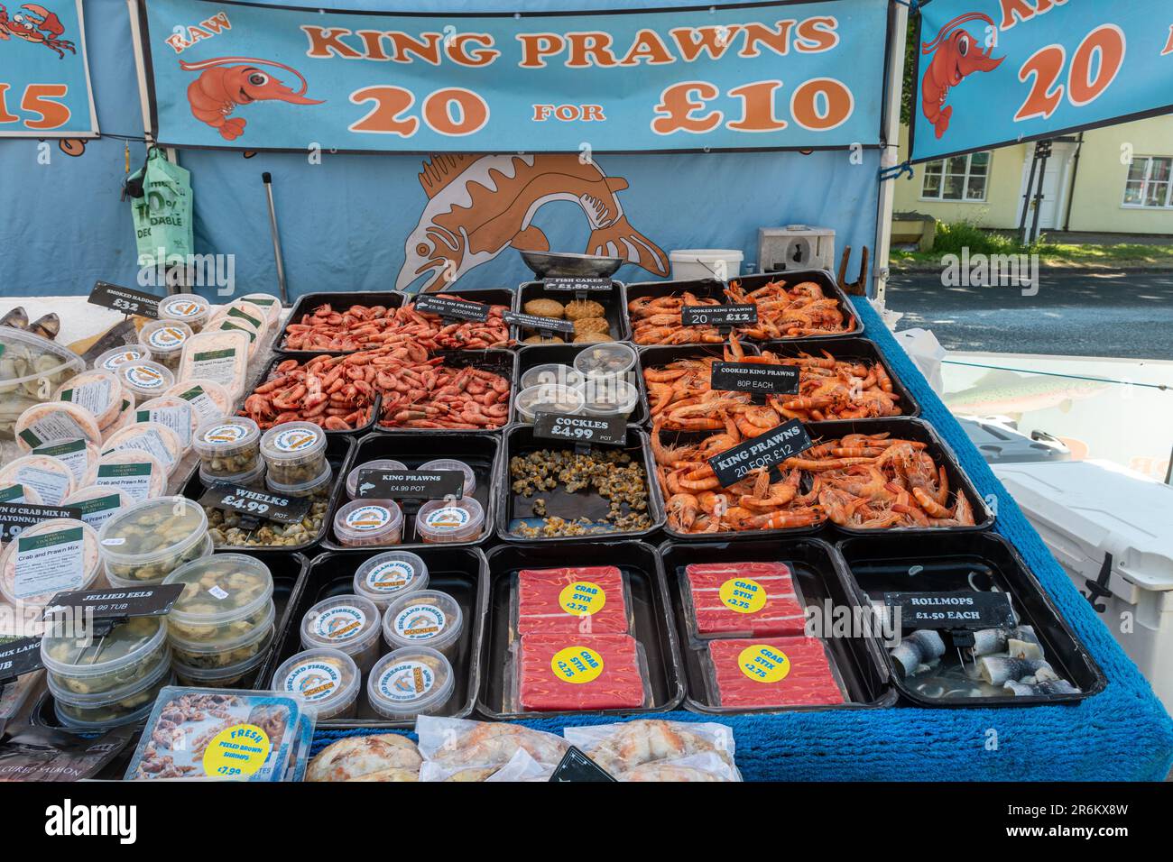 Display of fresh fish for sale on a market stall, Wendover, Buckinghamshire, England, UK Stock Photo