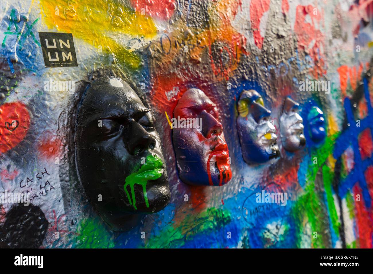 Close-up of artwork faces at John Lennon Wall, Prague, Bohemia, Czech Republic (Czechia), Europe Stock Photo