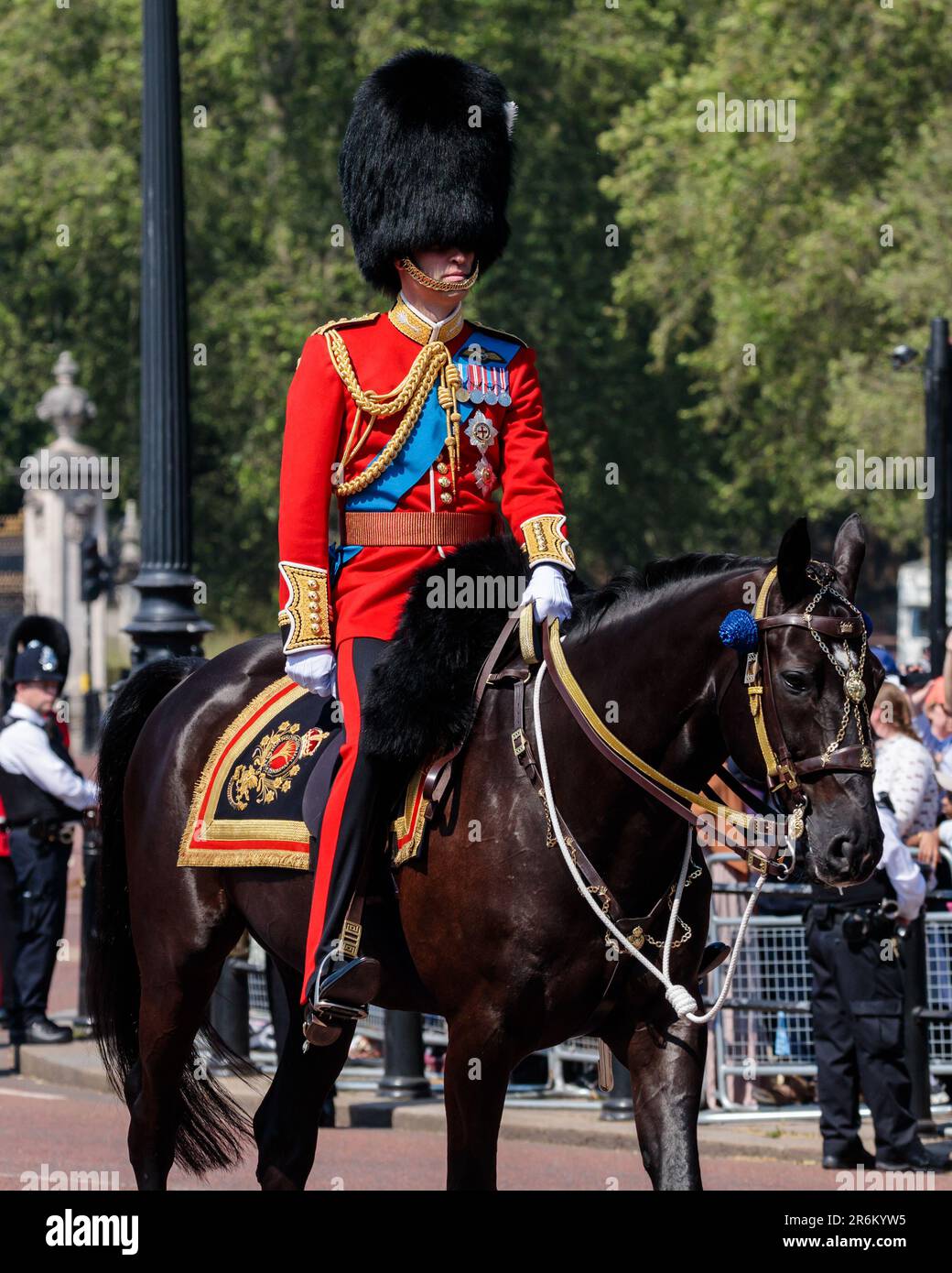 The Mall, London, UK. 10th June 2023. 'The Colonel's Review'. Trooping the Colour Reviewed by The Colonel of the Regiment, Prince William Prince of Wales, Colonel of the Welsh Guards, riding a horse named Darby, a gift to the late Queen from the Royal Canadian Mounted Police. The Colonel's Review is the second rehearsal for the Trooping the Colour parade which will take place on the 17th June 2023.  Photo by Amanda Rose/Alamy Live News Stock Photo