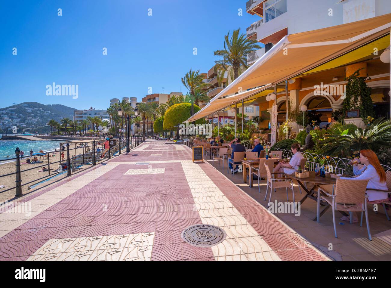 View of promenade and cafe, Santa Eularia des Riu, Ibiza, Balearic Islands, Spain, Mediterranean, Europe Stock Photo