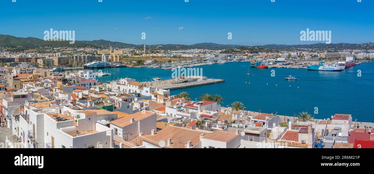 View of Dalt Vila and harbour from defensive walls, UNESCO World Heritage Site, Ibiza Town, Eivissa, Balearic Islands, Spain, Mediterranean, Europe Stock Photo