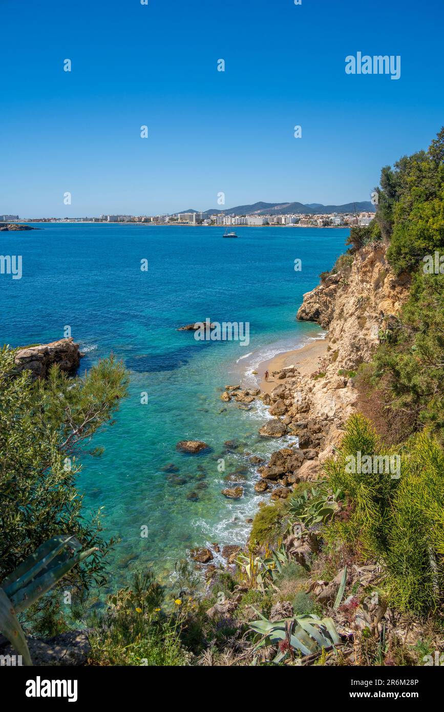 View of hotels overlooking Playa Den Bossa Beach, Ibiza Town, Eivissa, Balearic Islands, Spain, Mediterranean, Europe Stock Photo