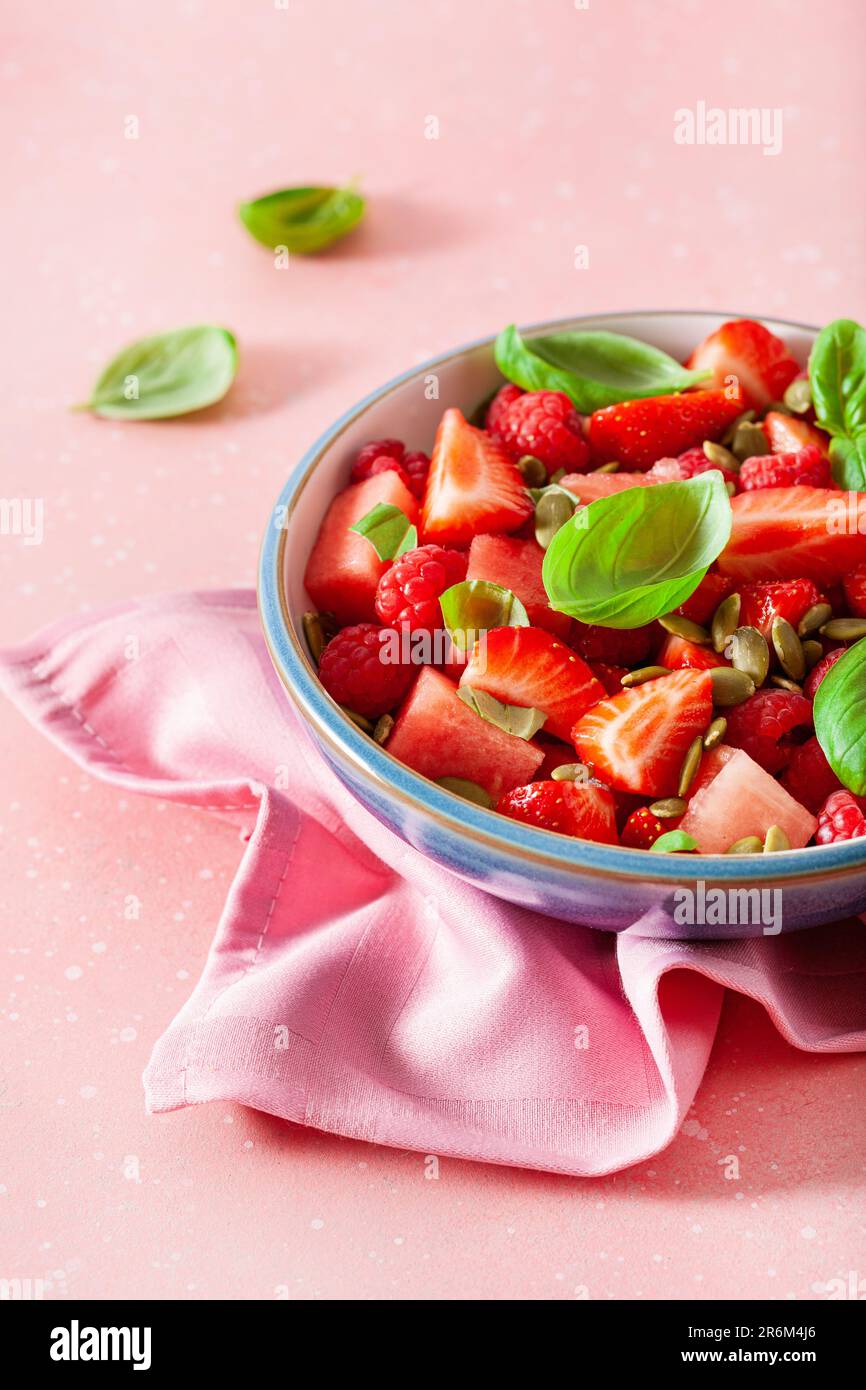 watermelon salad with strawberry raspberry basil seeds. healthy