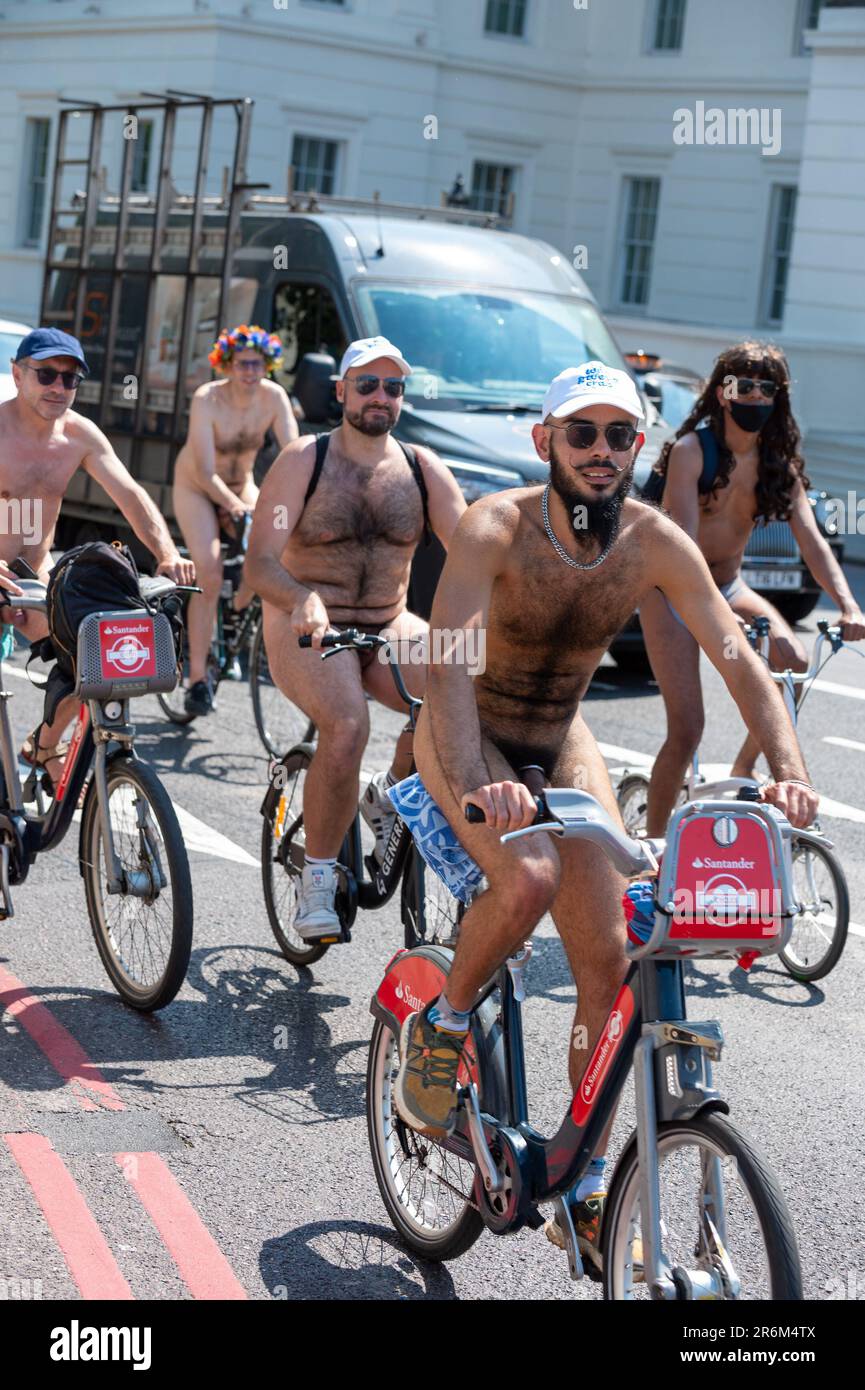 London, UK. 10th June, 2023. World Naked Bike Ride is a demonstration  against car culture, against the global dependancy on oil, to demonstrate  vulnerability of cyclists on city streets and to celebrate