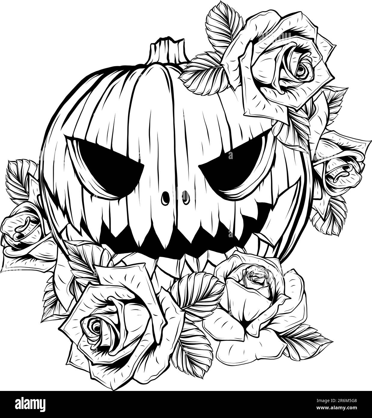 vector monochrome Pumpkin with Roses Distressed Halloween Stock Vector ...