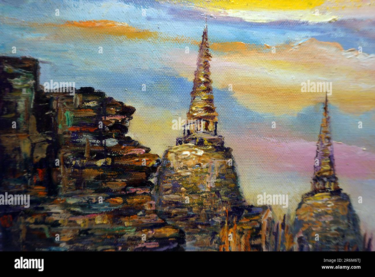 Art painting oil color Temple Buddha statue thailand , Ayutthaya Historical Park , Wat Phrasisanph Stock Photo