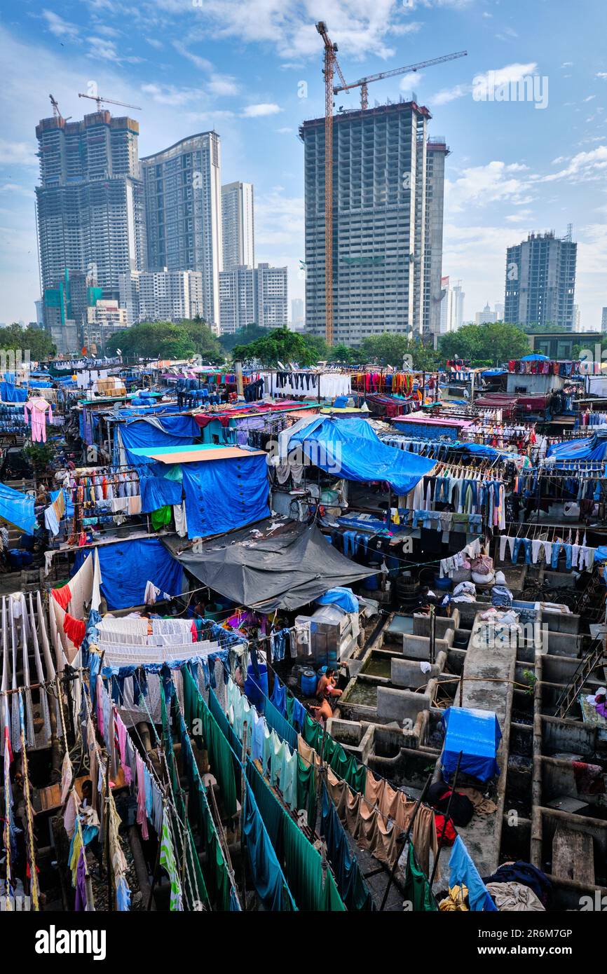 Dhobi Ghat Mahalaxmi Dhobi Ghat is an open air laundromat lavoir in Mumbai, India with laundry drying on ropes Stock Photo