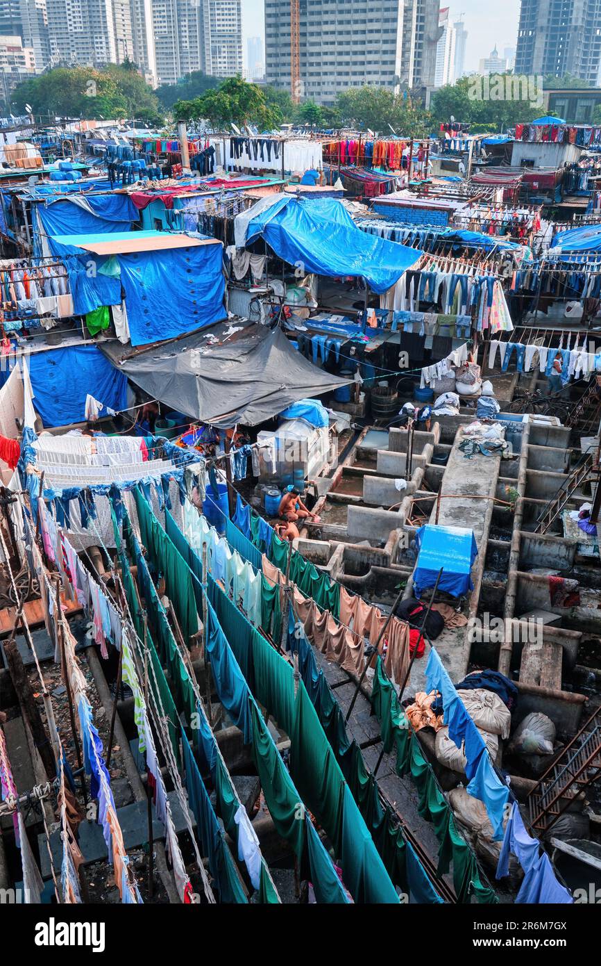 Dhobi Ghat Mahalaxmi Dhobi Ghat is an open air laundromat lavoir in Mumbai, India with laundry drying on ropes Stock Photo