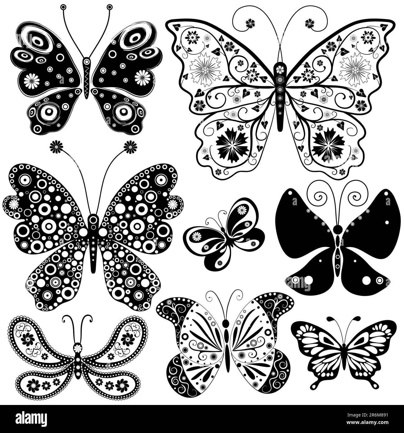 Collection black and white butterflies for design isolated on white (vector) Stock Vector