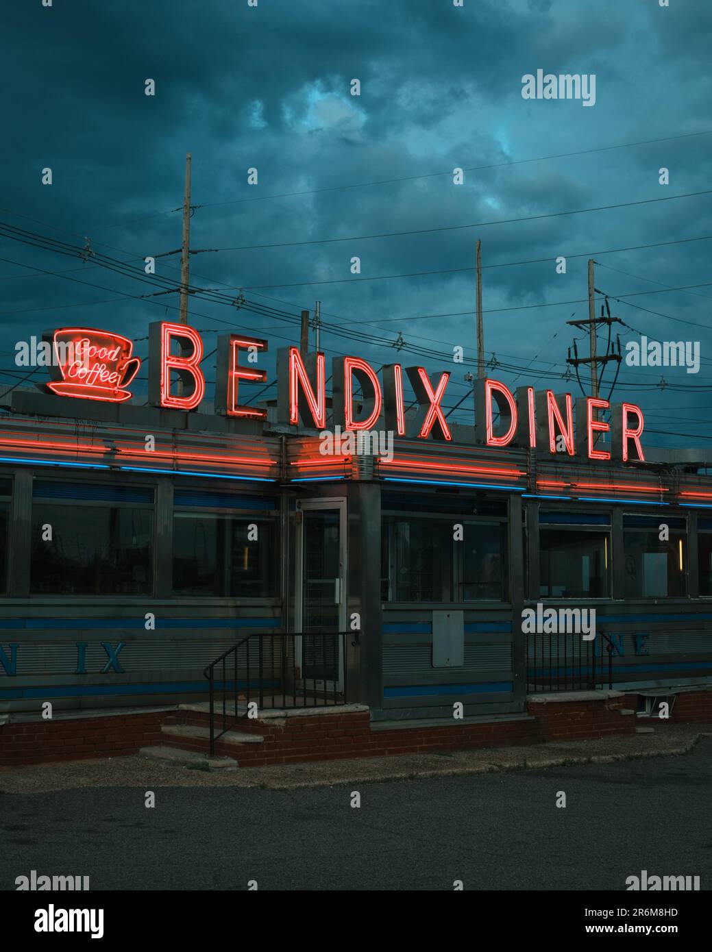 Bendix Diner vintage neon sign on a stormy night, Hasbrouck Heights