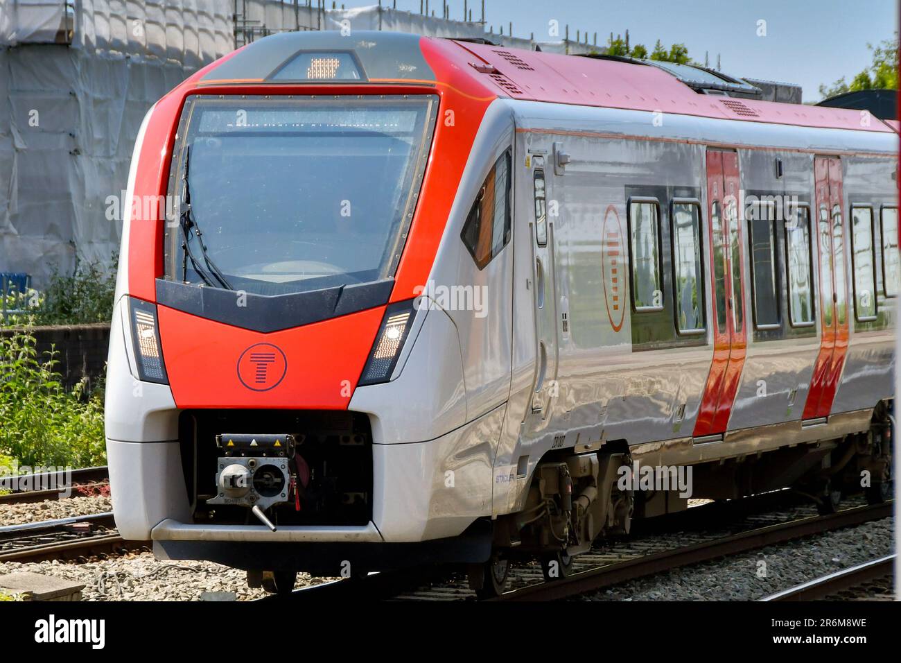 Cardiff, Wales - 8 June 2023: from view of a new train operated by Transport for Wales and used on the South Wales Metro Stock Photo