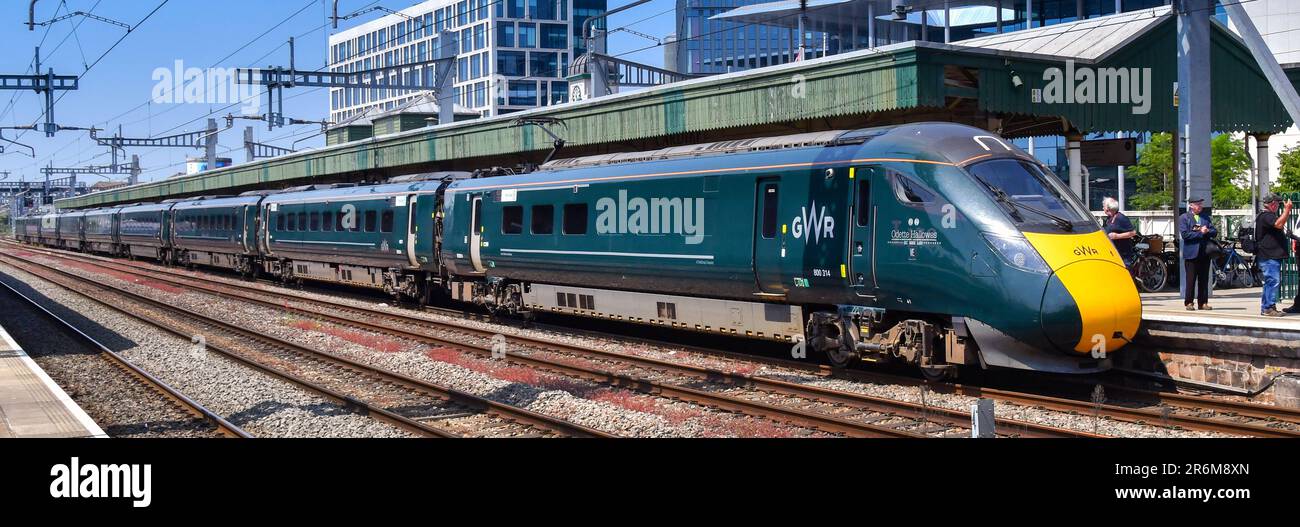 Cardiff, Wales - 8 June 2023: Panoramic view of a high speed train at Cardiff Central railway station. The train is operated by Great Western Railway. Stock Photo