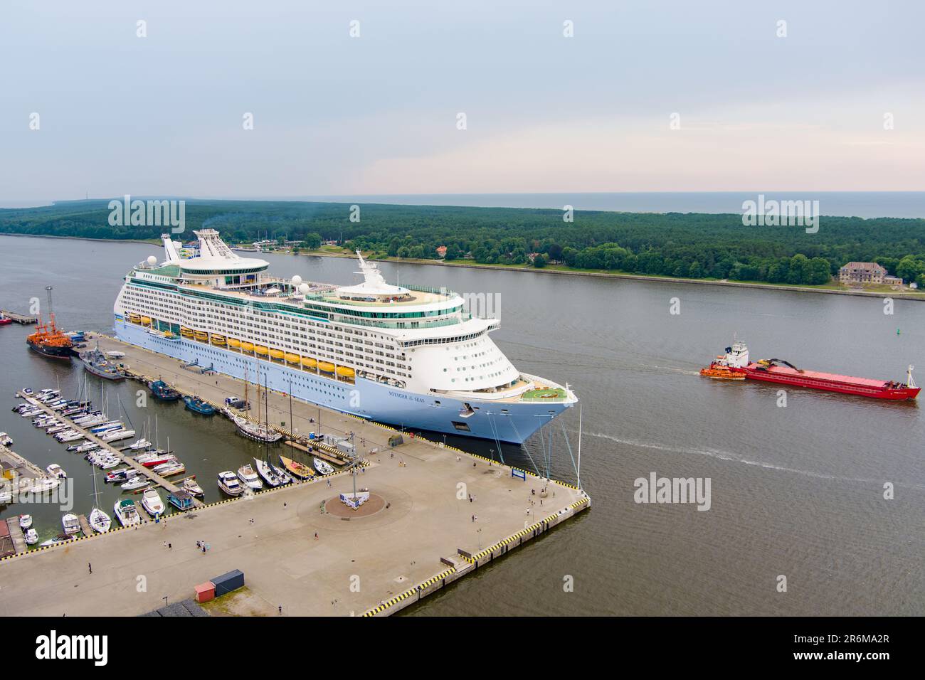 KLAIPEDA, LITHUANIA - JUNE 2022: Aerial view of huge 'Voyager of the Seas' cruise liner in the port of Klaipeda. Klaipeda cruise ship terminal, touris Stock Photo