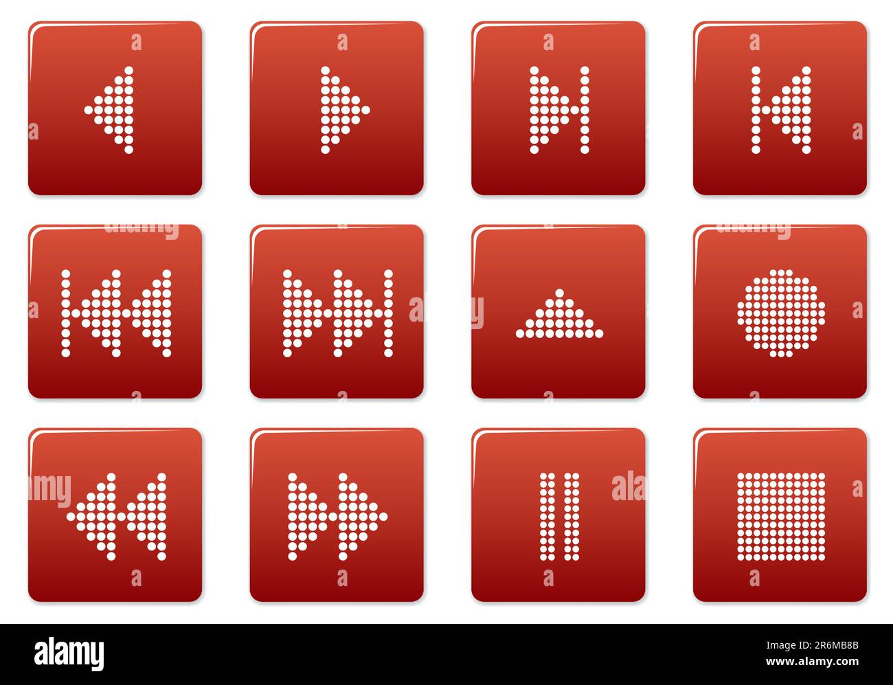 Multimedia navigation buttons set. Red white palette. Vector