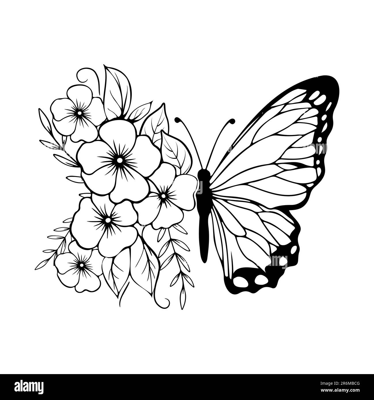 Butterfly Black Silhouette With Flowers Outline Stock Vector Image 