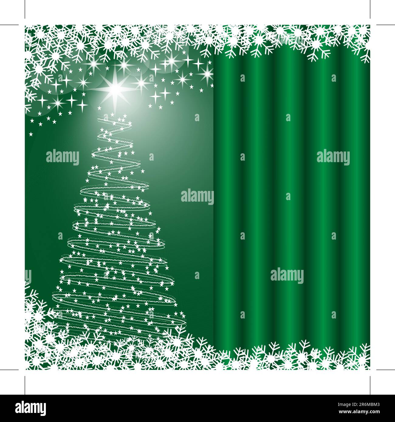 Christmas tree, snowflakes and stars, green glowing background. Copy ...