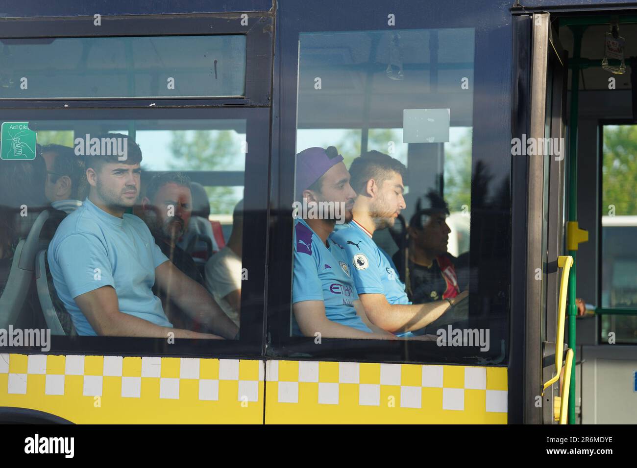 Man City fans on a shuttle bus as they head to Ataturk Olympic Stadium in Istanbul for the UEFA Champions League Final between Manchester City and Inter Milan. Picture date: Saturday June 10, 2023. Stock Photo