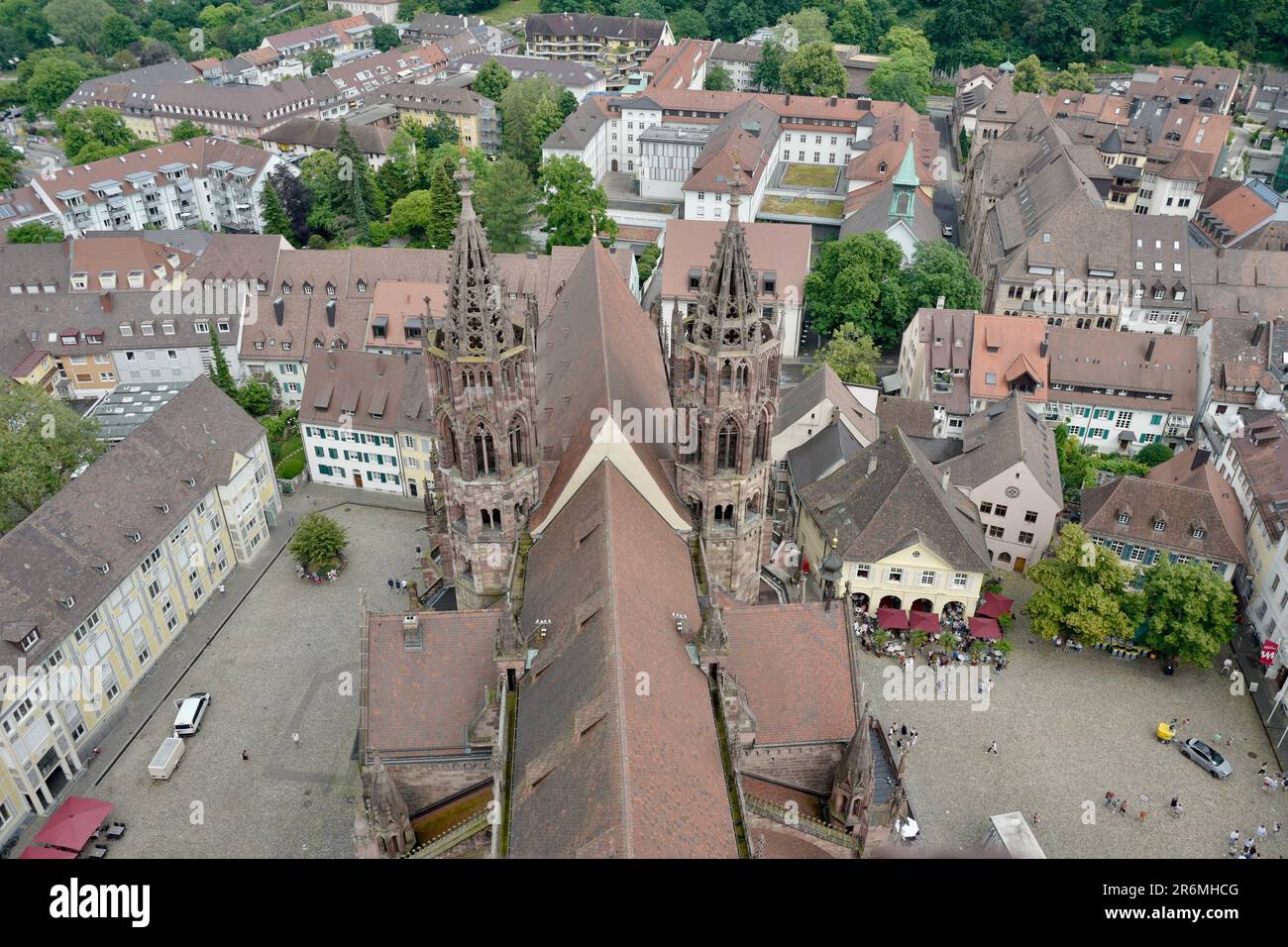 View from the bell tower onto the roof of Freiburg cathedral Stock Photo