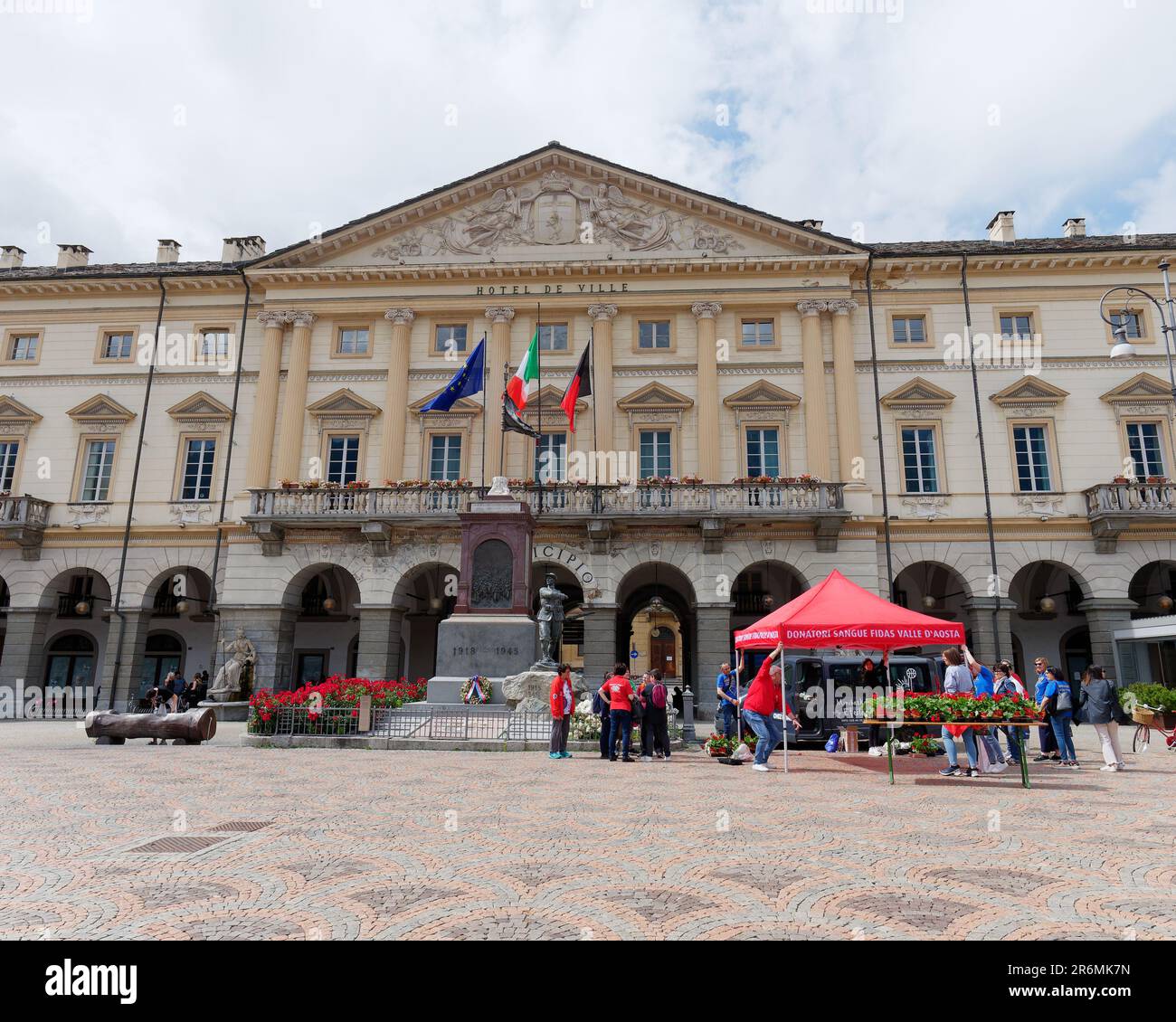 Blood donation stall in front of the Town Hall in the main square, Piazza Emile Chanoux, city of Aosta, Aosta Valley Italy Stock Photo