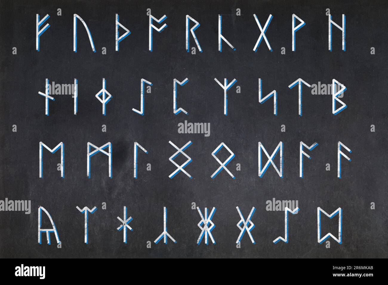 Blackboard with the 34 glyphs used in Anglo-Saxon runes alphabet (same ...