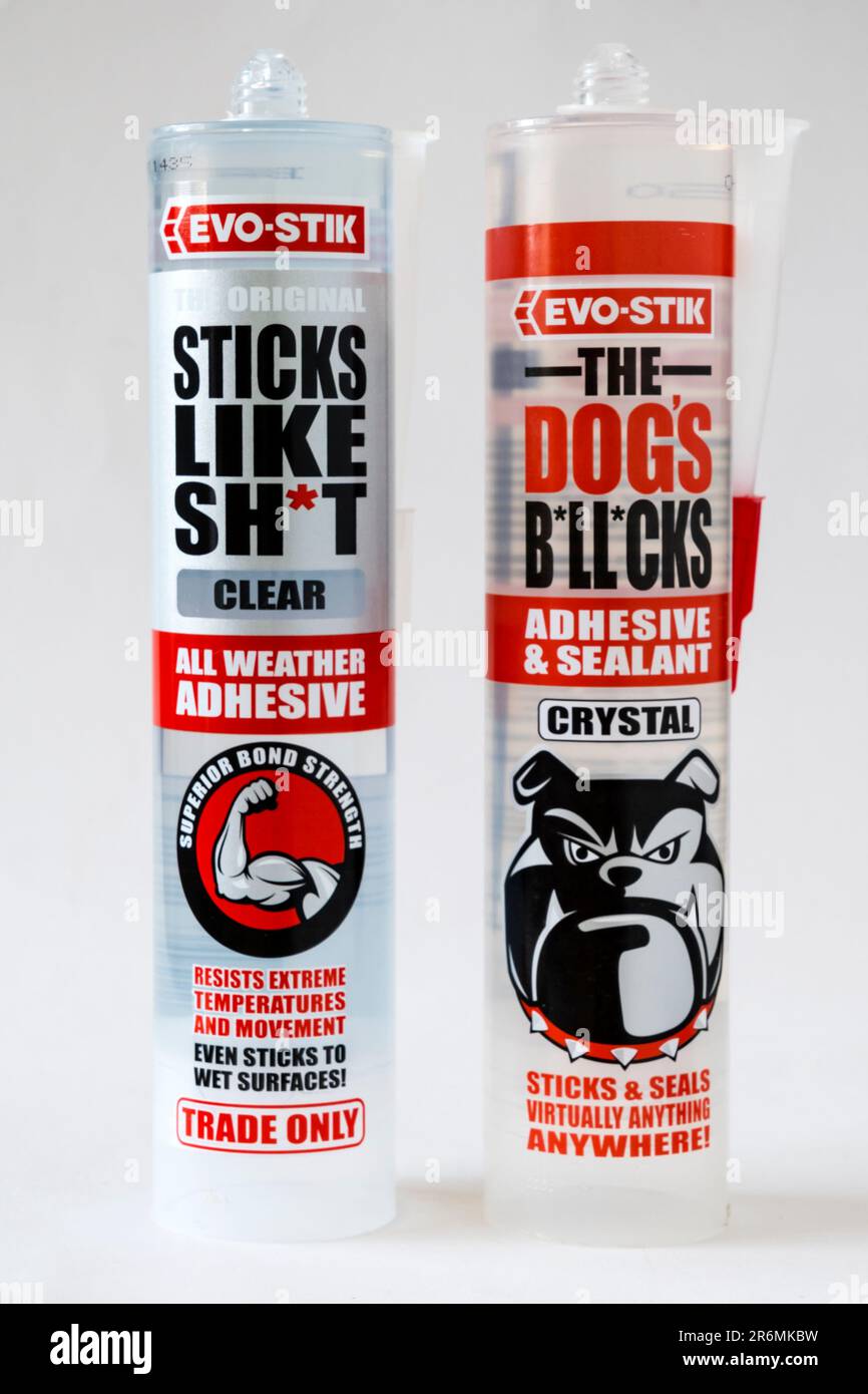 Tubes of Evo-Stik Sticks Like Sh*t and The Dog;s B*ll*cks adhesives. Stock Photo