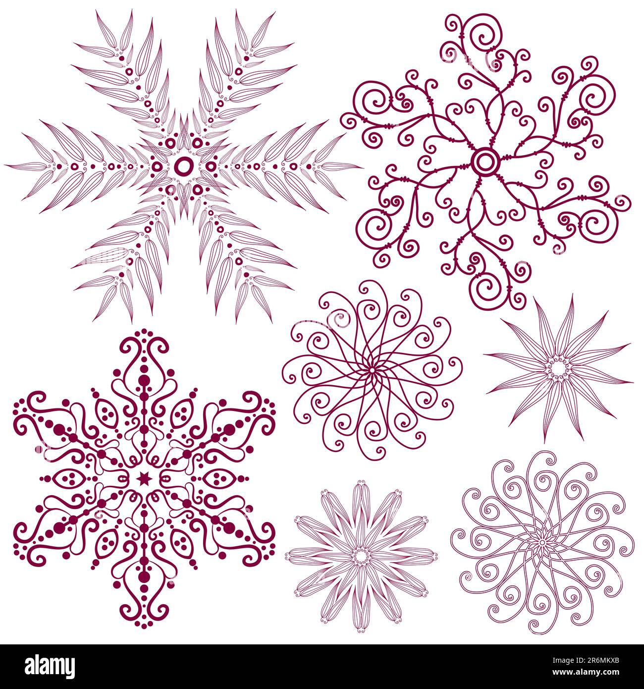 Set dark violet snowflakes isolated on white (vector) Stock Vector