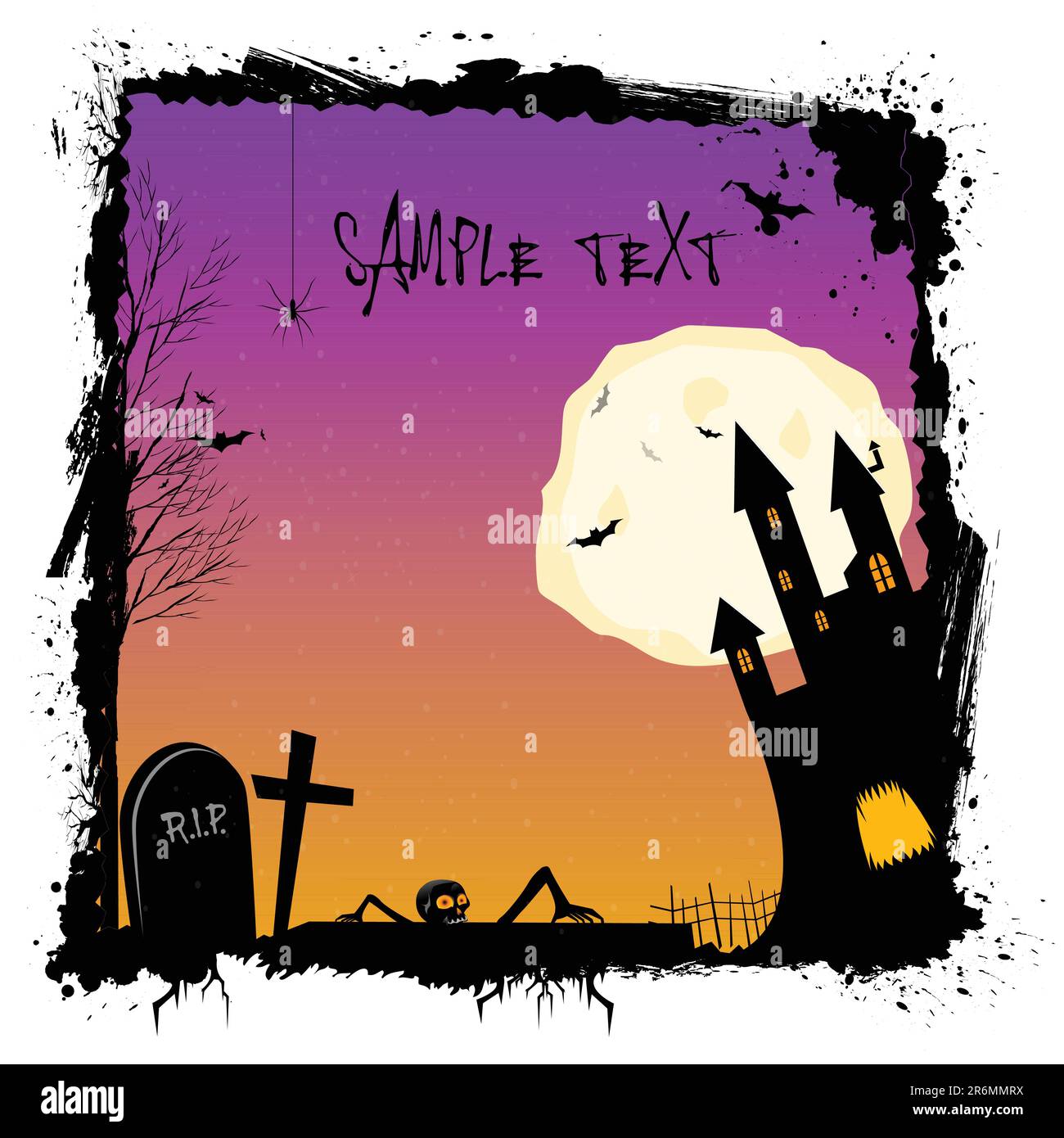 illustration of halloween night with haunted castel in a grungy frame Stock Vector