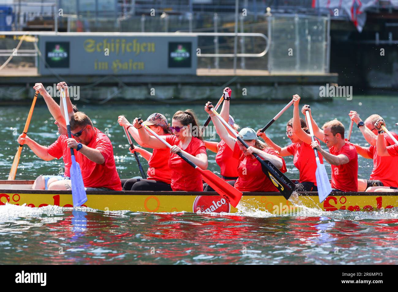 Duisburg, Germany 10.06.2023. Dragon Boat Regatta in the inner marina of Duisburg Port. Teams from across Germany participate in the now famous regatta, which holds the Guinness World Record for being the worlds biggest event of its type. Credit: newsNRW / Alamy Live News Stock Photo