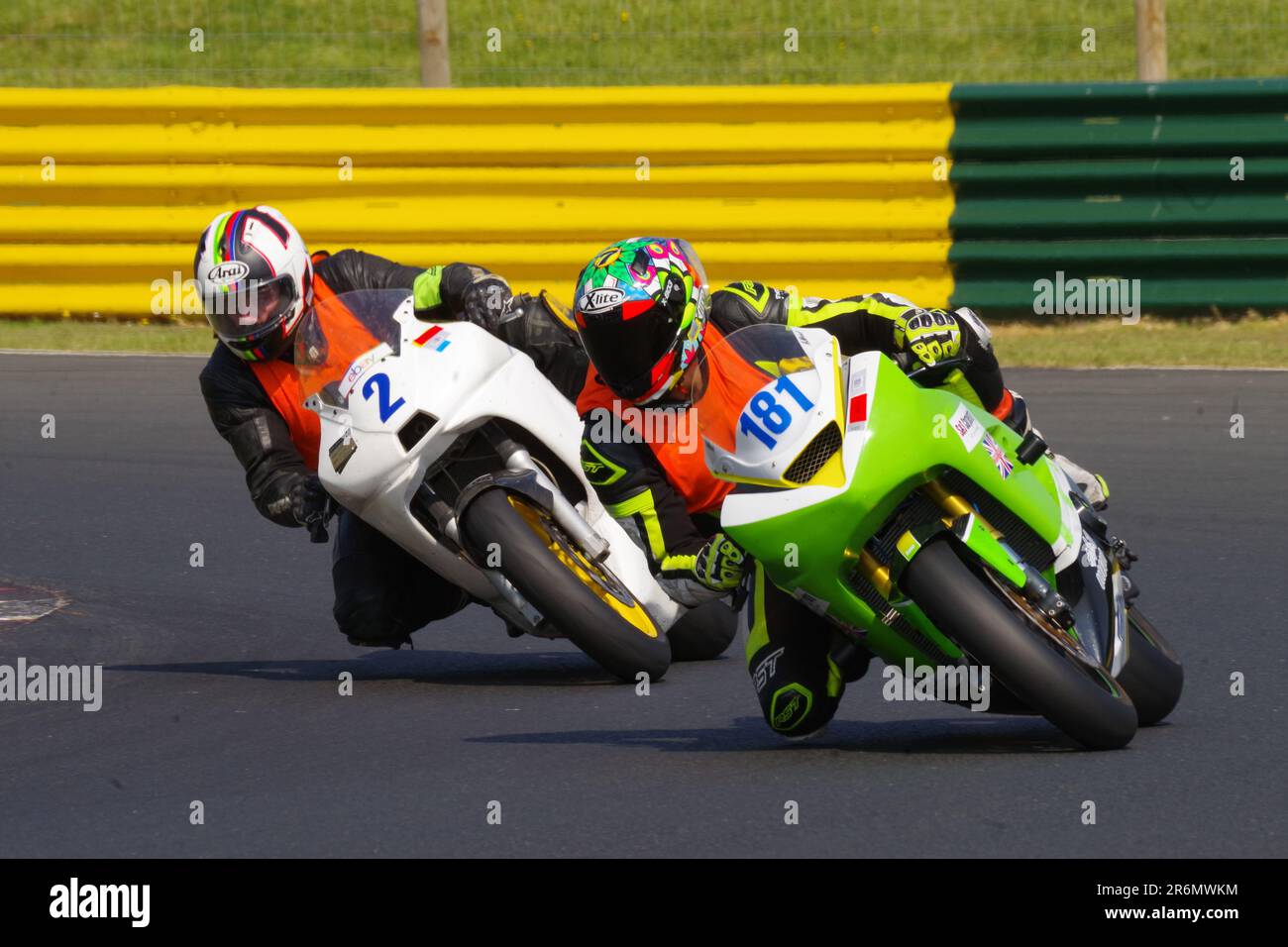 Croft Circuit, 10 June 2023. Dave Evans riding a Yamaha 600 in a No Limits Pre-Injection Cup race and Aaron Mead riding a Kawasaki 636 in a Metzeler Newcomer race at Croft Circuit. Credit Colin Edwards/Alamy Live News. Stock Photo