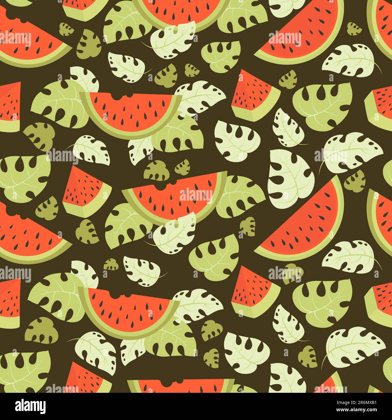 Watermelon seamless pattern. Scattered red slices with tropical leaves ...