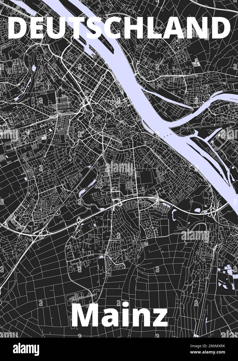 Mainz map hi res stock photography - City Mainz Map With Streets Rivers And Lakes Germany 2R6MXRK