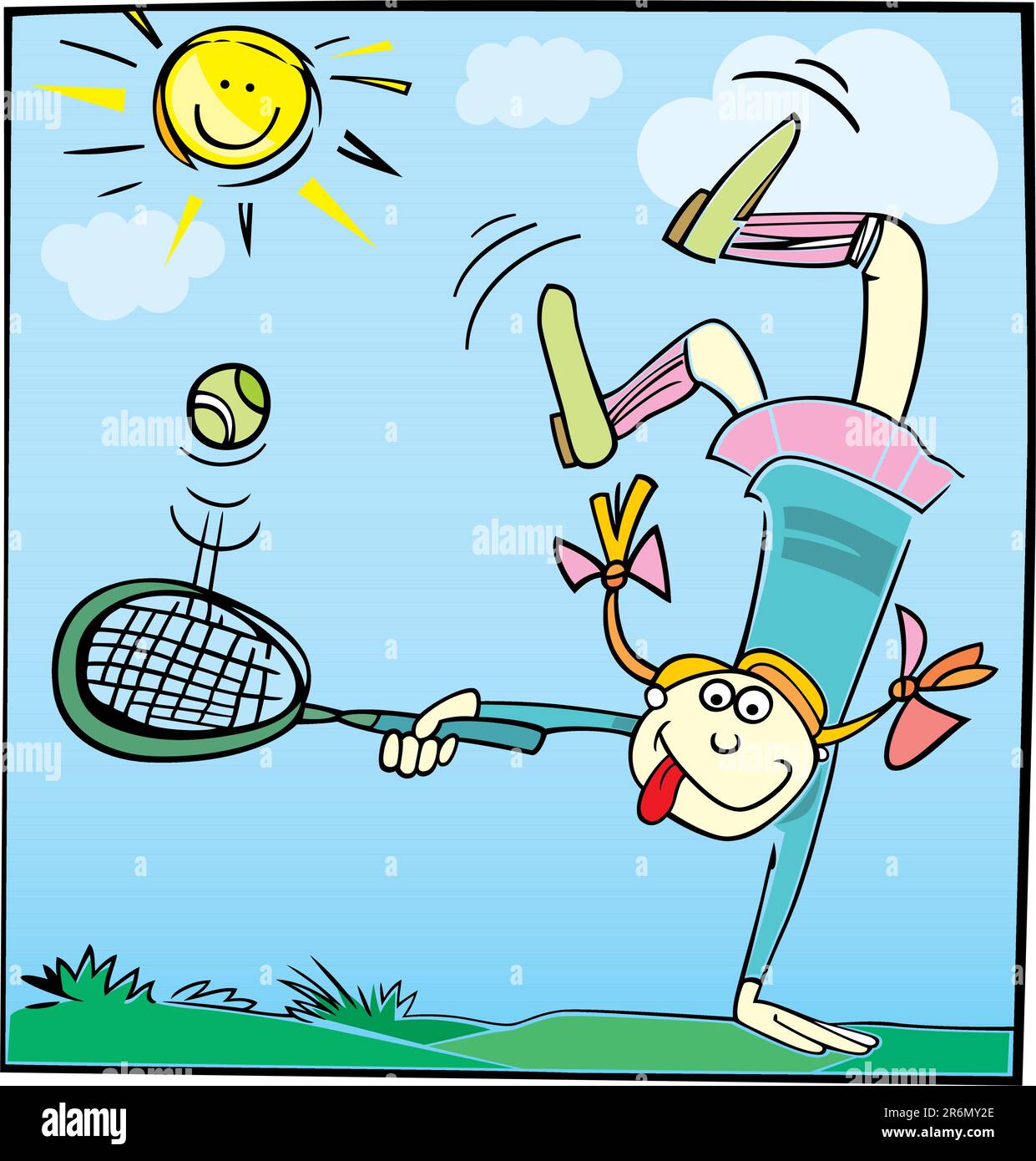 cartoon illustration of funny little girl playing tennis Stock Vector
