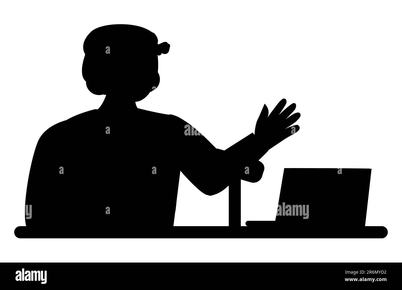 Black silhouette of a man waving at a person on the laptop while in a zoom call, online video call, chatting, greeting a distance friend, vector illus Stock Vector