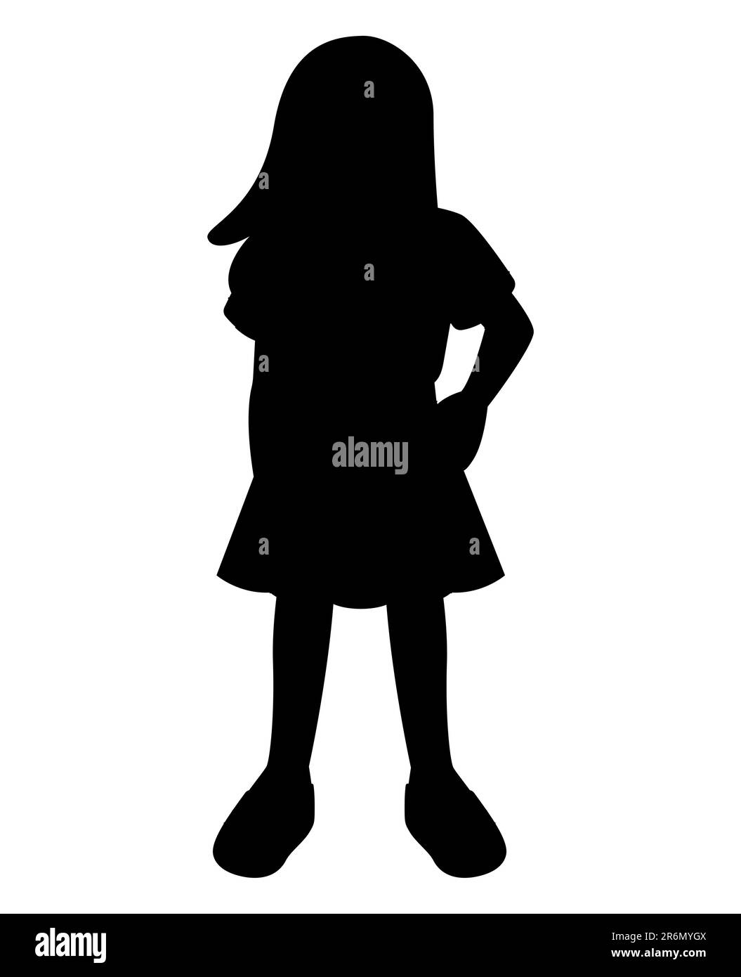 Black silhouette of a girl wearing a dress with open long hair, female child, vector isolated on white background Stock Vector