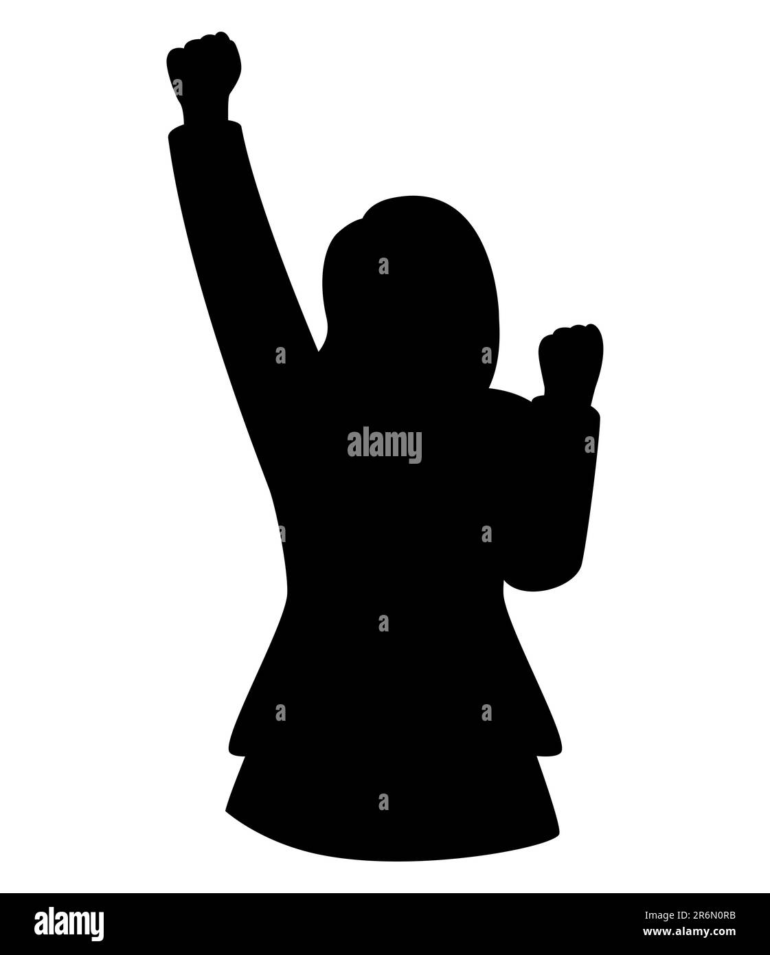 Black silhouette of a businesswoman cheering, cheerful young woman, vector isolated on white background. Stock Vector