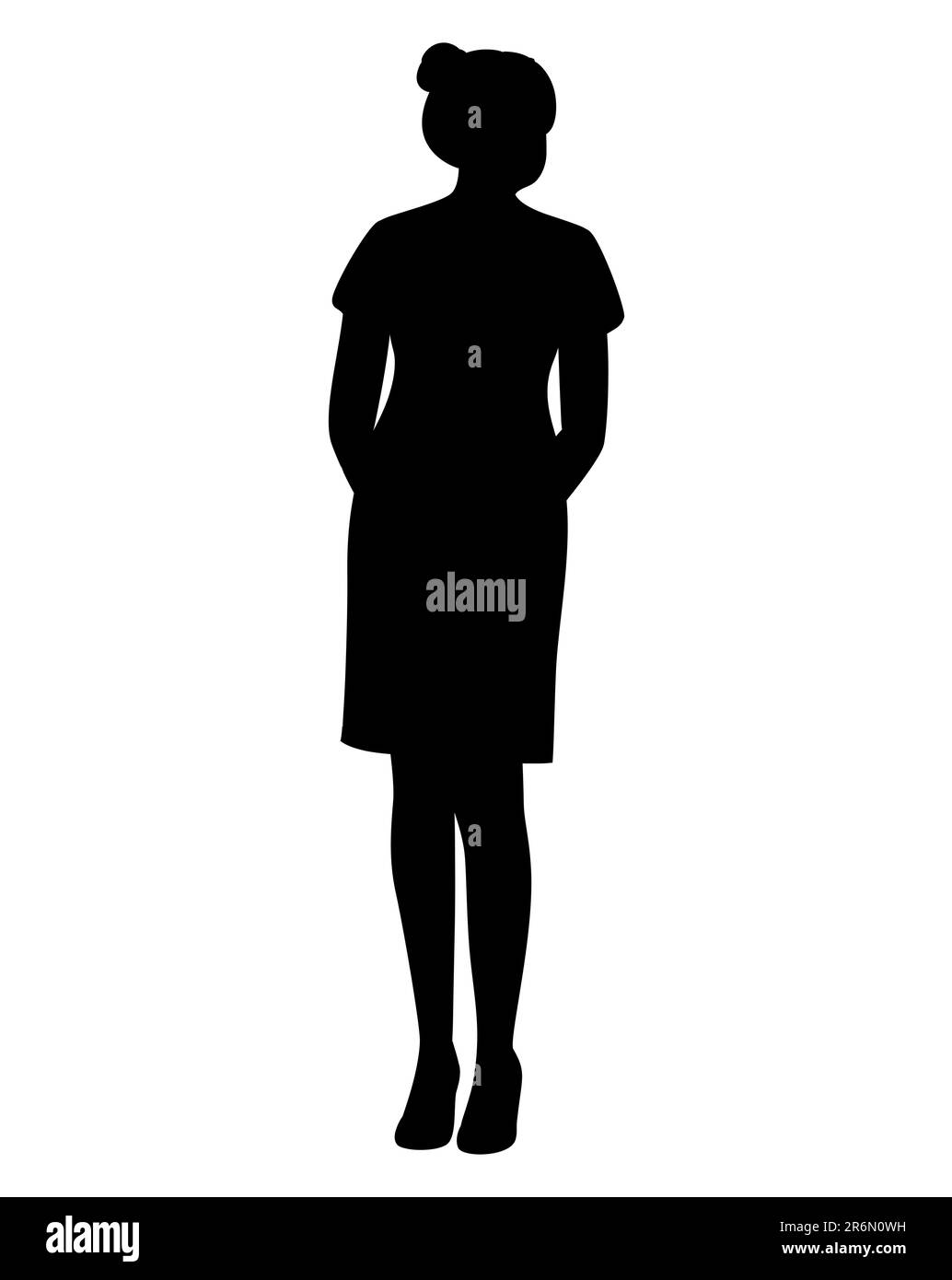 Black silhouette of a housewife in a dress standing with a high bun hairstyle, beautiful woman vector eps Stock Vector